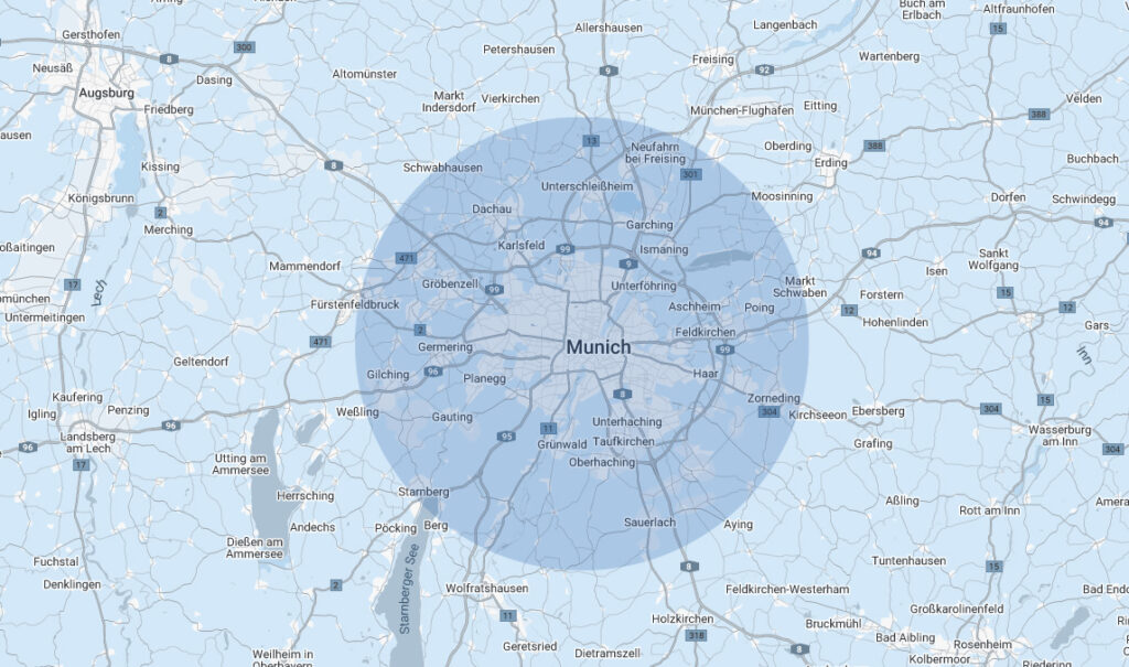 Karte von München mit blauem Kreis, Einsatzgebiet von Officeglanz im Umkreis von 25 Kilometern